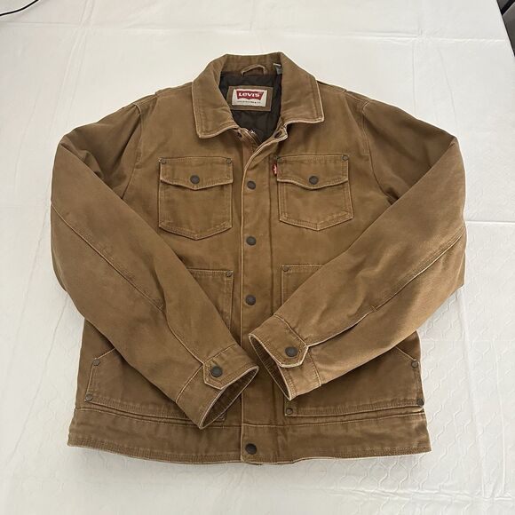 Levis Trucker Jacket Mens Small Brown Cotton Twill Full Zip Quilted Lined - Picture 1 of 16